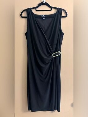 American Living Black Sleeveless Draped Midi Dress with Silver Buckle